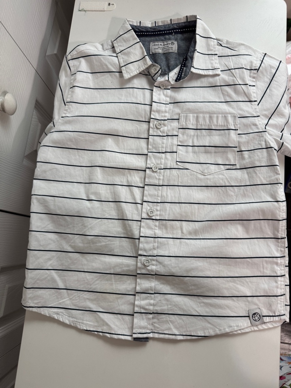 Kids Free Planet White Button-Up Shirt with Navy Stripes